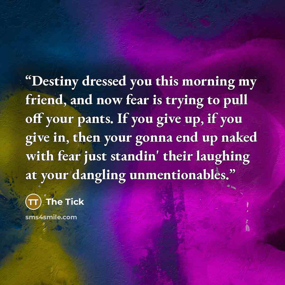 “Destiny dressed you this morning my friend, and now fear is trying to pull off your pants. If you give up, if you give in, then your gonna end up naked with fear just standin' their laughing at your dangling unmentionables.” quote by The Tick