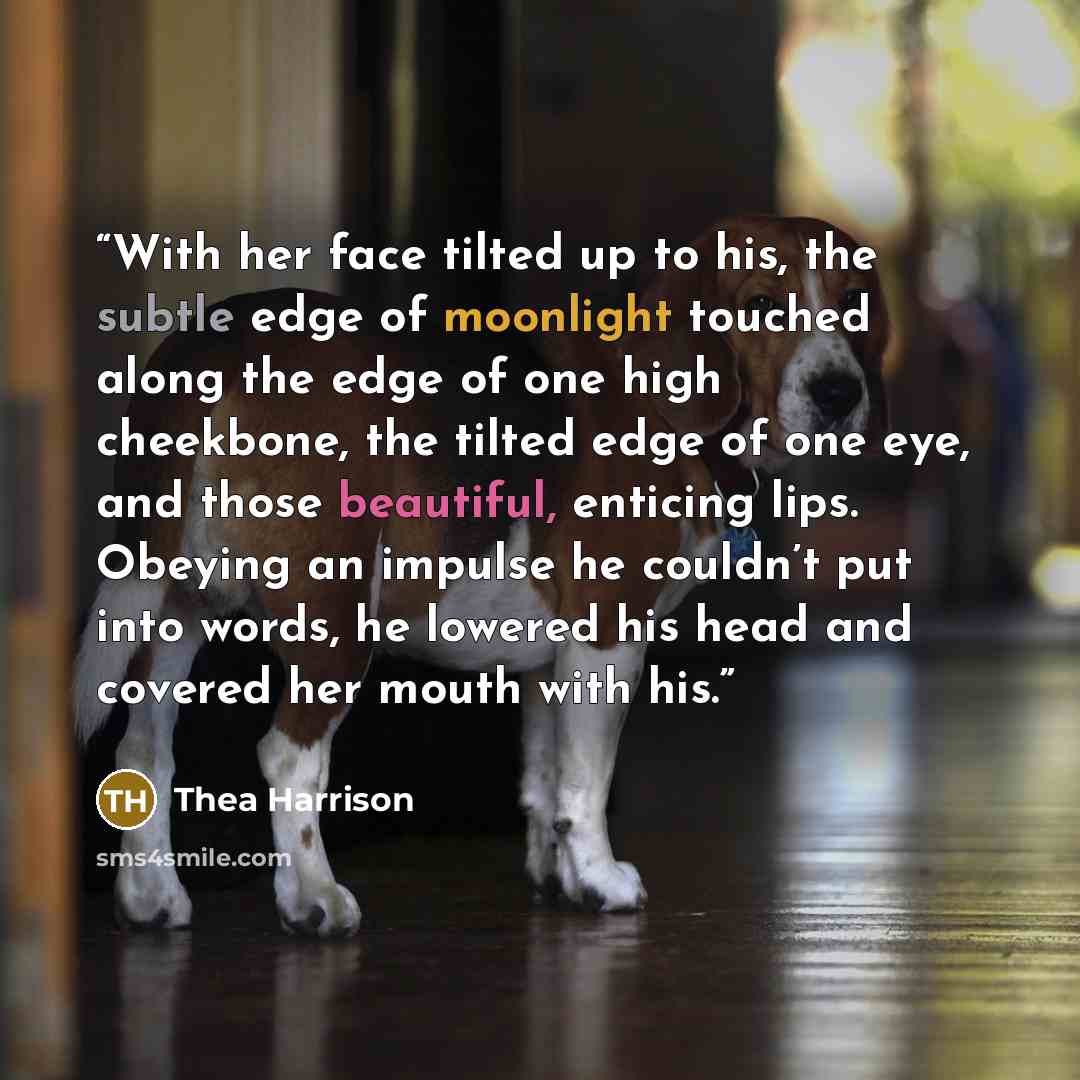 “With her face tilted up to his, the subtle edge of moonlight touched along the edge of one high cheekbone, the tilted edge of one eye, and those beautiful, enticing lips. Obeying an impulse he couldn’t put into words, he lowered his head and covered her mouth with his.” quote by Thea Harrison