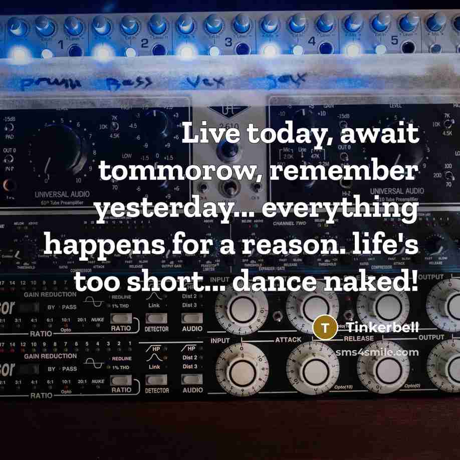 “Live today, await tommorow, remember yesterday... everything happens for a reason. life's too short... dance naked!” quote by Tinkerbell