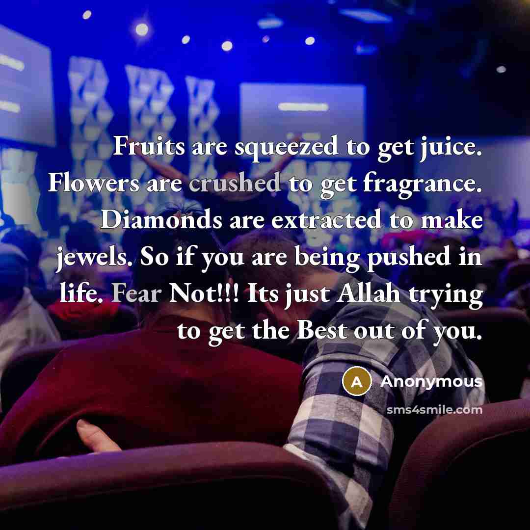 “Fruits are squeezed to get juice. Flowers are crushed to get fragrance. Diamonds are extracted to make jewels. So if you are being pushed in life. Fear Not!!! Its just Allah trying to get the Best out of you.” quote by Anonymous