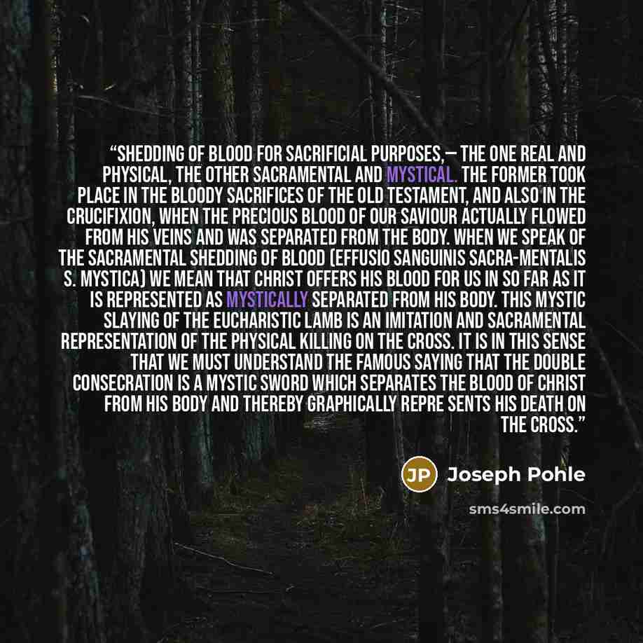 “shedding of blood for sacrificial purposes,— the one real and physical, the other sacramental and mystical. The former took place in the bloody sacrifices of the Old Testament, and also in the Crucifixion, when the Precious Blood of our Saviour actually flowed from His veins and was separated from…” quote by Joseph Pohle