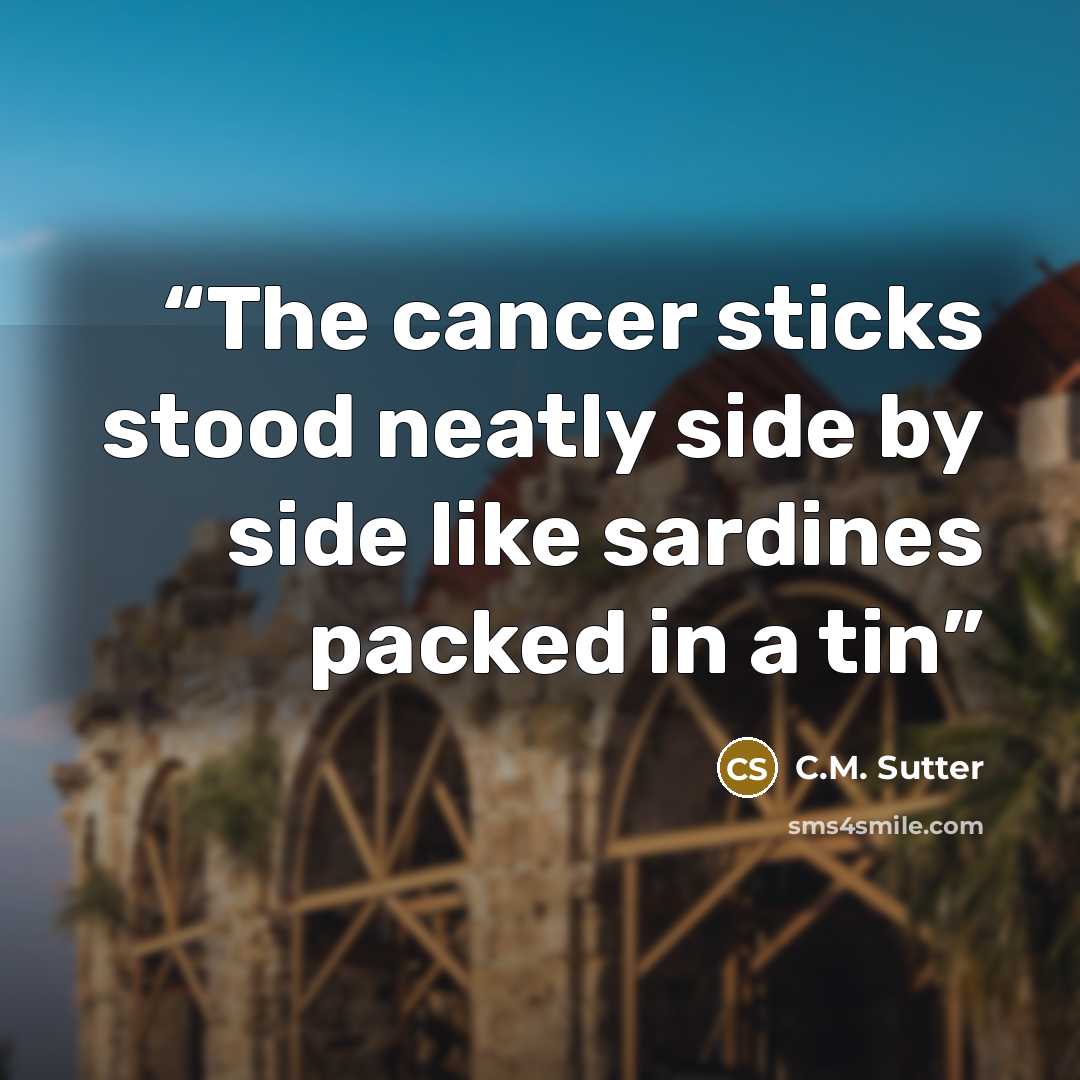 “The cancer sticks stood neatly side by side like sardines packed in a tin” quote by C.M. Sutter