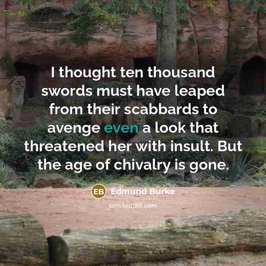 “I thought ten thousand swords must have leaped from their scabbards to avenge even a look that threatened her with insult. But the age of chivalry is gone.” quote by Edmund Burke