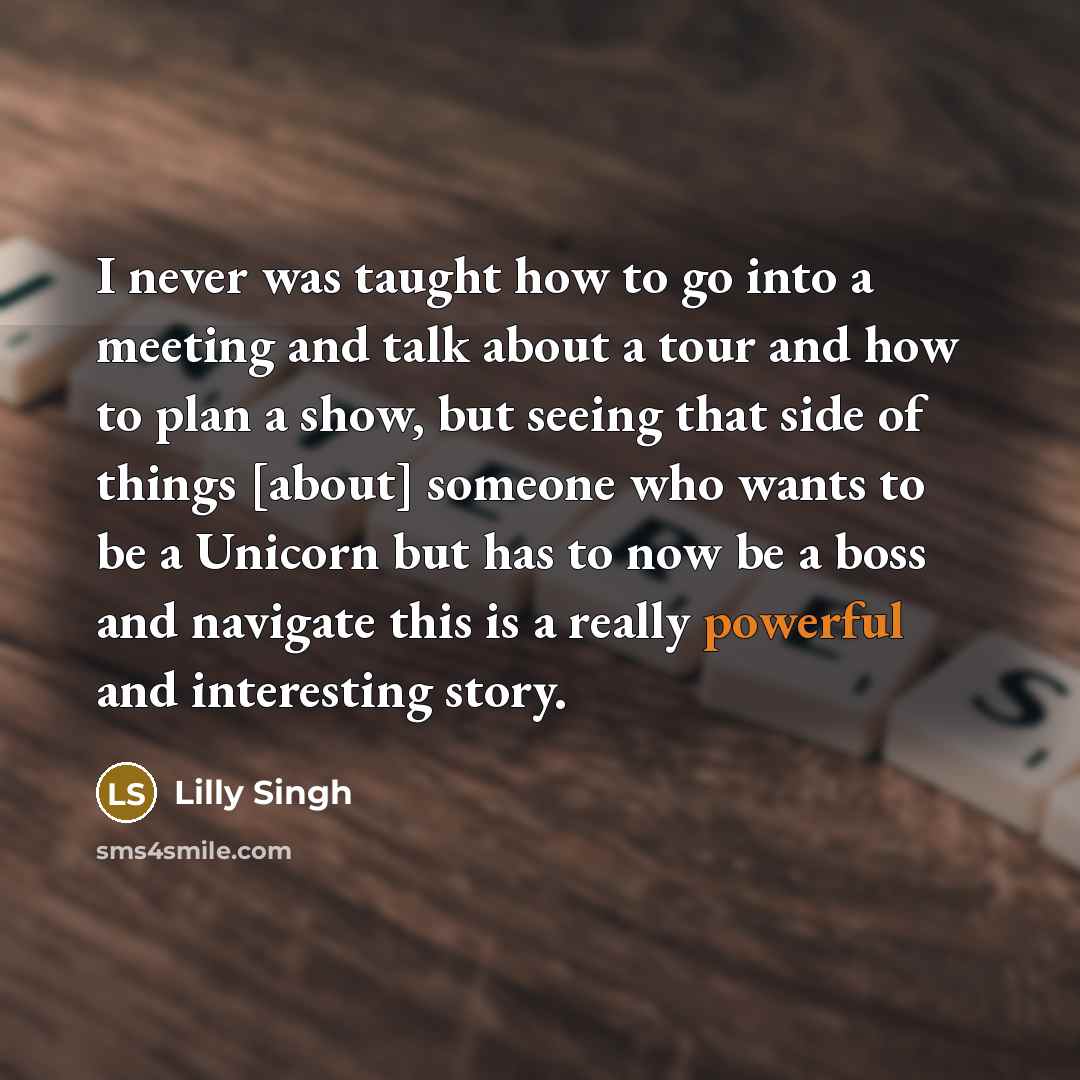 “I never was taught how to go into a meeting and talk about a tour and how to plan a show, but seeing that side of things [about] someone who wants to be a Unicorn but has to now be a boss and navigate this is a really powerful and interesting story.” quote by Lilly Singh