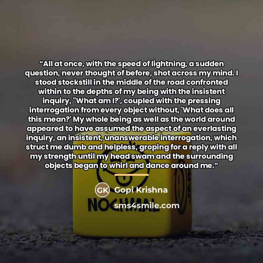 “All at once, with the speed of lightning, a sudden question, never thought of before, shot across my mind. I stood stockstill in the middle of the road confronted within to the depths of my being with the insistent inquiry, "What am I?', coupled with the pressing interrogation from every object…” quote by Gopi Krishna