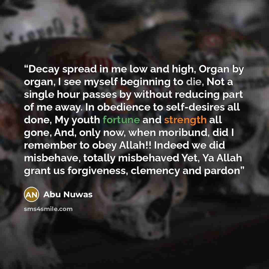 “Decay spread in me low and high, Organ by organ, I see myself beginning to die, Not a single hour passes by without reducing part of me away. In obedience to self-desires all done, My youth fortune and strength all gone, And, only now, when moribund, did I remember to obey Allah!! Indeed we did…” quote by Abū Nuwās