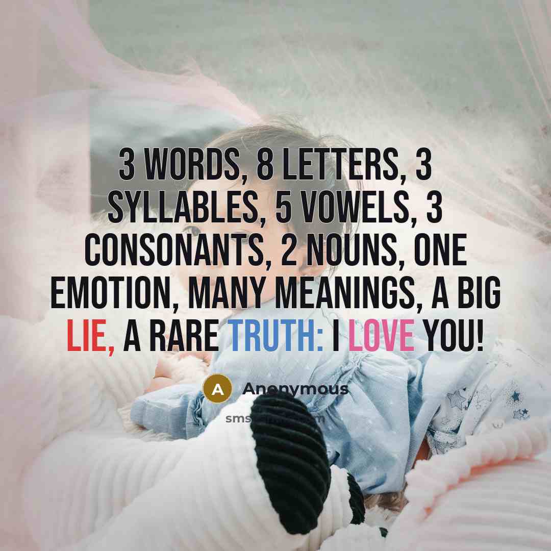 “3 words, 8 letters, 3 syllables, 5 vowels, 3 consonants, 2 nouns, one emotion, many meanings, a big lie, a rare truth: I LOVE YOU!” quote by Anonymous