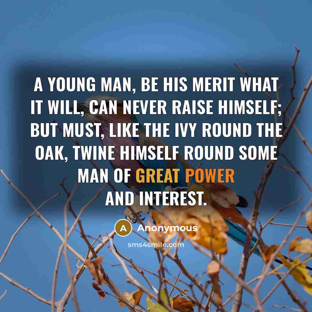 “A young man, be his merit what it will, can never raise himself; but must, like the ivy round the oak, twine himself round some man of great power and interest.” quote by Anonymous