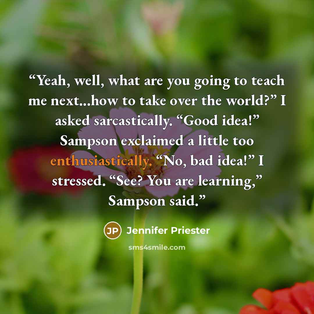 “Yeah, well, what are you going to teach me next...how to take over the world?” I asked sarcastically. “Good idea!” Sampson exclaimed a little too enthusiastically. “No, bad idea!” I stressed. “See? You are learning,” Sampson said.” quote by Jennifer Priester