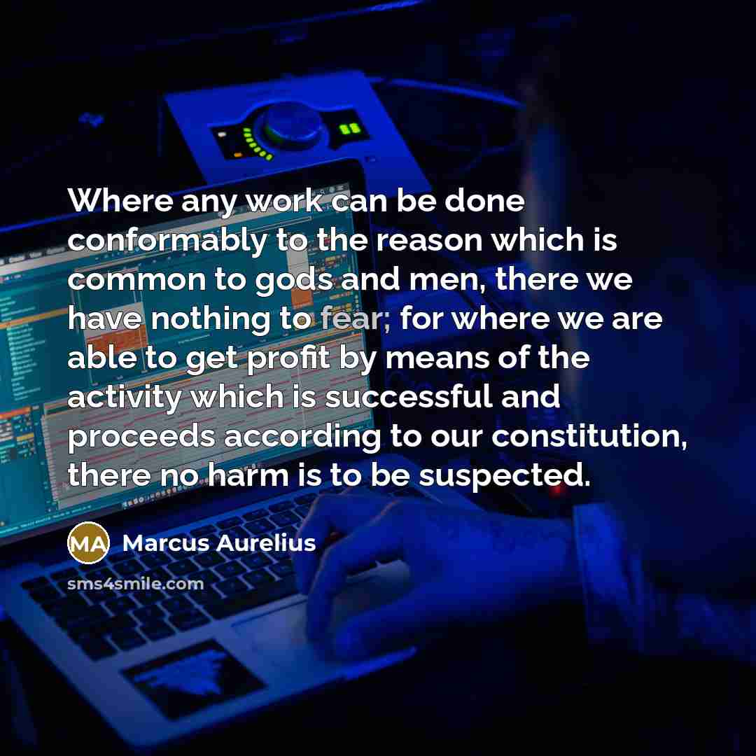 “Where any work can be done conformably to the reason which is common to gods and men, there we have nothing to fear; for where we are able to get profit by means of the activity which is successful and proceeds according to our constitution, there no harm is to be suspected.” quote by Marcus Aurelius