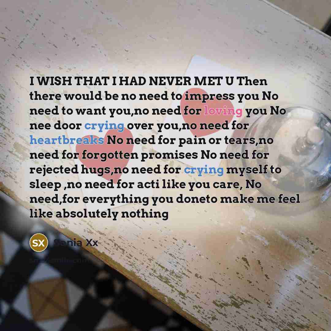 “I WISH THAT I HAD NEVER MET U Then there would be no need to impress you No need to want you,no need for loving you No nee door crying over you,no need for heartbreaks No need for pain or tears,no need for forgotten promises No need for rejected hugs,no need for crying myself to sleep ,no need for…” quote by Sonia Xx