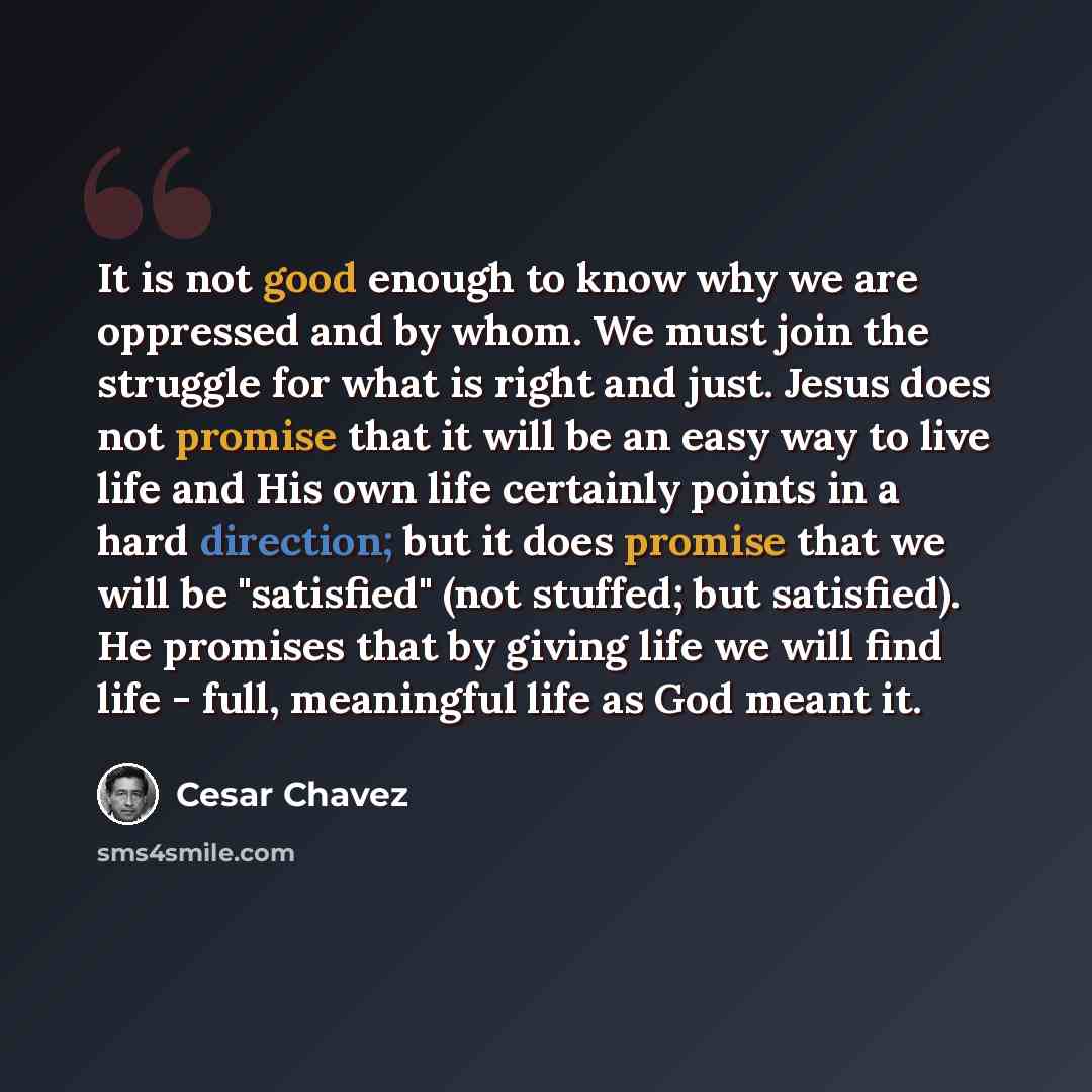 “It is not good enough to know why we are oppressed and by whom. We must join the struggle for what is right and just. Jesus does not promise that it will be an easy way to live life and His own life certainly points in a hard direction; but it does promise that we will be "satisfied" (not stuffed…” quote by Cesar Chavez
