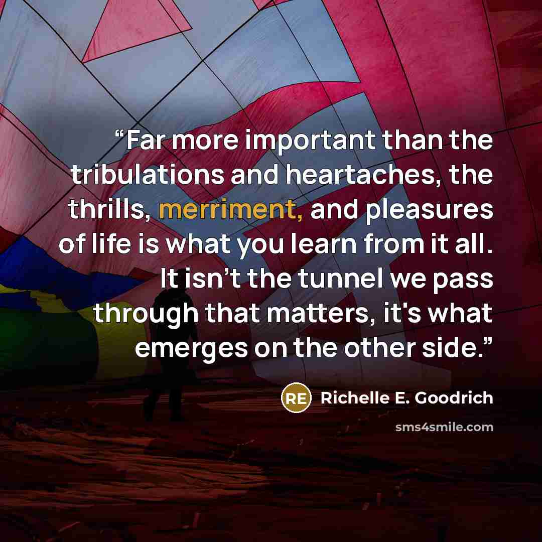 “Far more important than the tribulations and heartaches, the thrills, merriment, and pleasures of life is what you learn from it all. It isn't the tunnel we pass through that matters, it's what emerges on the other side.” quote by Richelle E. Goodrich