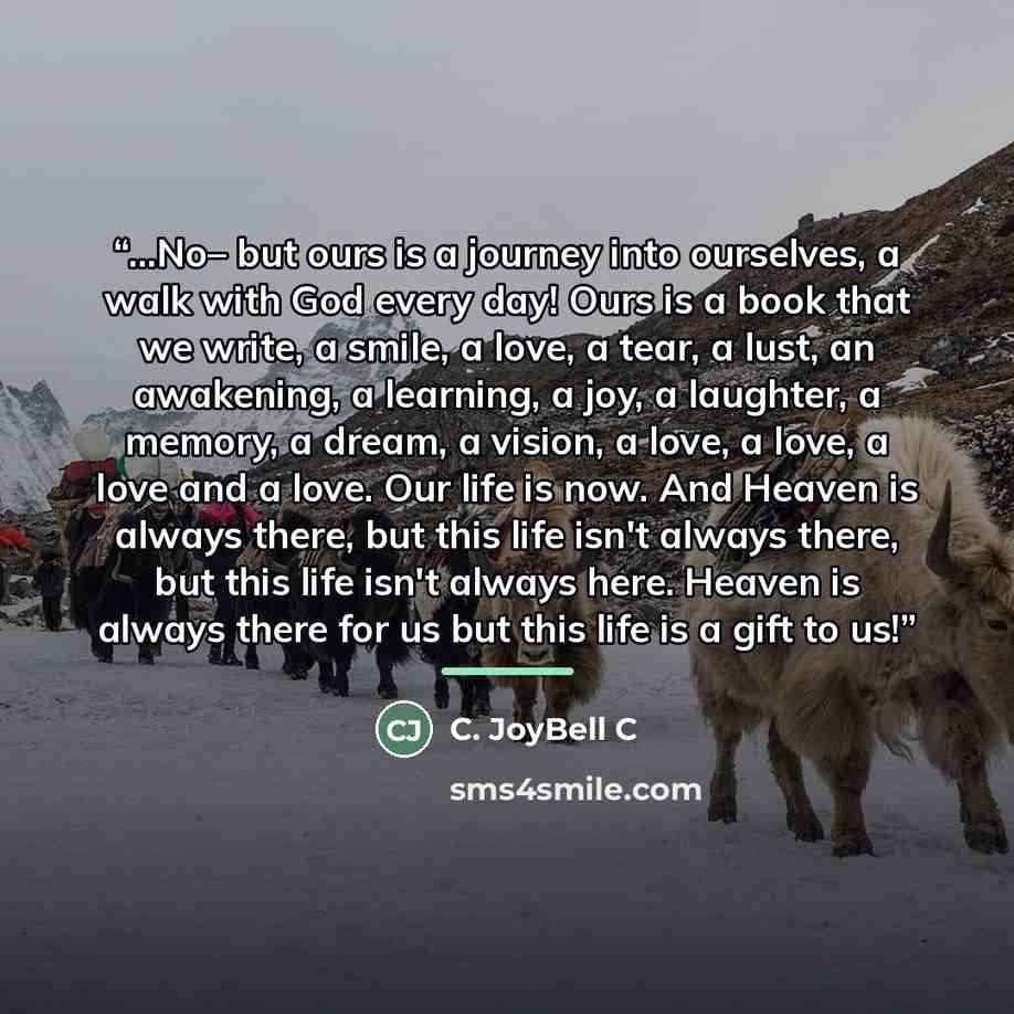 “...No– but ours is a journey into ourselves, a walk with God every day! Ours is a book that we write, a smile, a love, a tear, a lust, an awakening, a learning, a joy, a laughter, a memory, a dream, a vision, a love, a love, a love and a love. Our life is now. And Heaven is always there, but this…” quote by C. JoyBell C