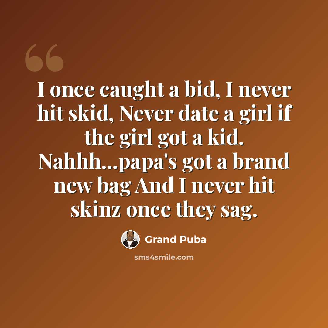 “I once caught a bid, I never hit skid, Never date a girl if the girl got a kid. Nahhh...papa's got a brand new bag And I never hit skinz once they sag.” quote by Grand Puba