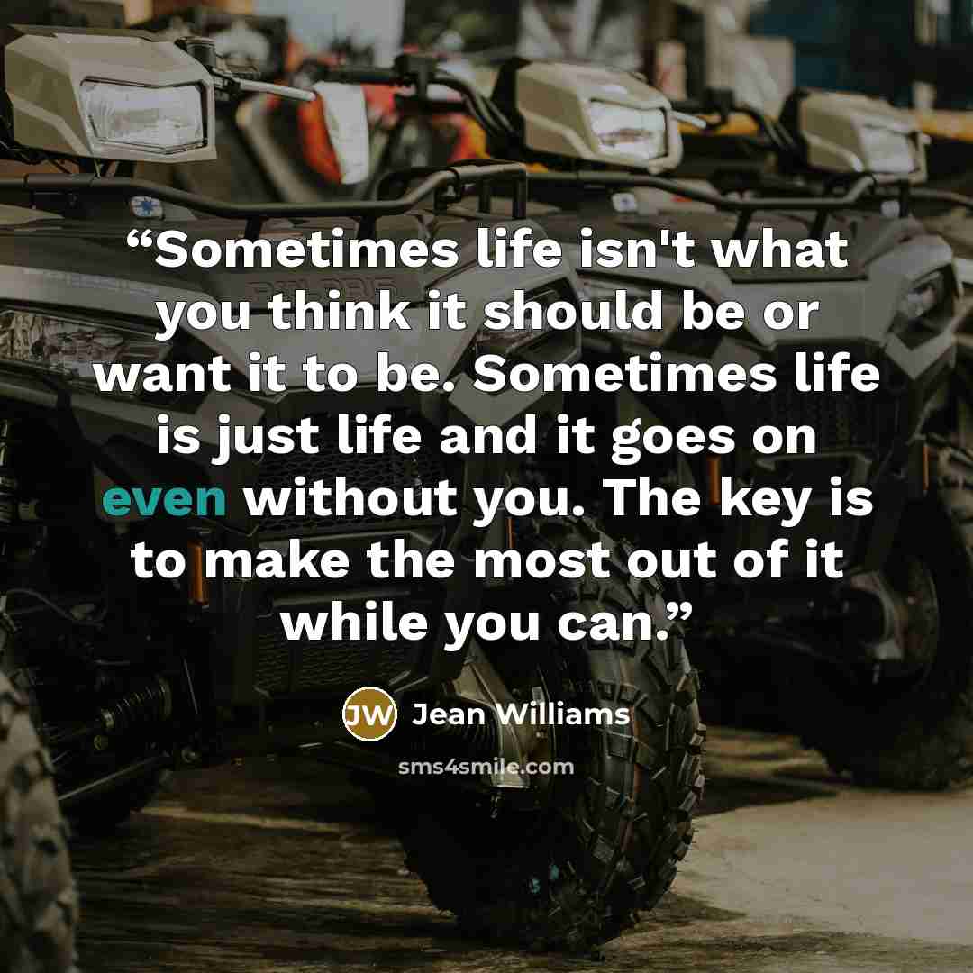 “Sometimes life isn't what you think it should be or want it to be. Sometimes life is just life and it goes on even without you. The key is to make the most out of it while you can.” quote by Jean Williams