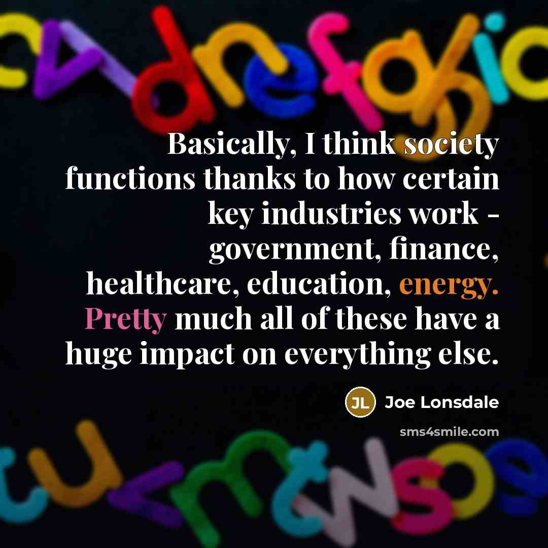 “Basically, I think society functions thanks to how certain key industries work - government, finance, healthcare, education, energy. Pretty much all of these have a huge impact on everything else.” quote by Joe Lonsdale