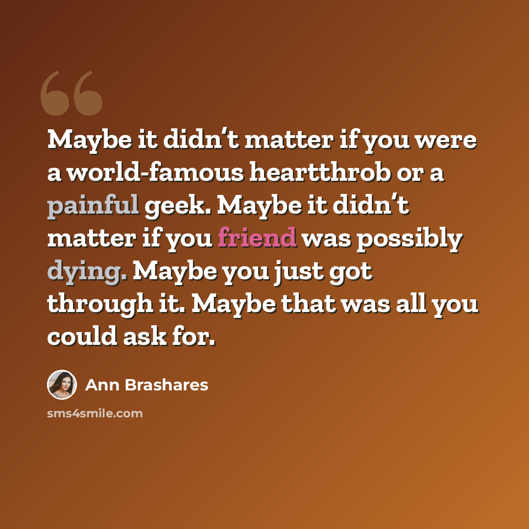 “Maybe it didn’t matter if you were a world-famous heartthrob or a painful geek. Maybe it didn’t matter if you friend was possibly dying. Maybe you just got through it. Maybe that was all you could ask for.” quote by Ann Brashares