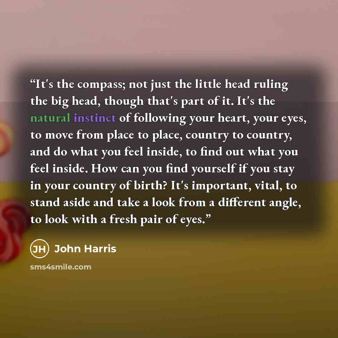 “It's the compass; not just the little head ruling the big head, though that's part of it. It's the natural instinct of following your heart, your eyes, to move from place to place, country to country, and do what you feel inside, to find out what you feel inside. How can you find yourself if you…” quote by John Harris