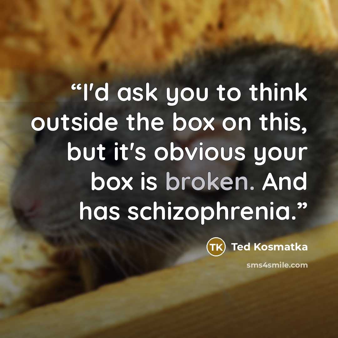 “I'd ask you to think outside the box on this, but it's obvious your box is broken. And has schizophrenia.” quote by Ted Kosmatka