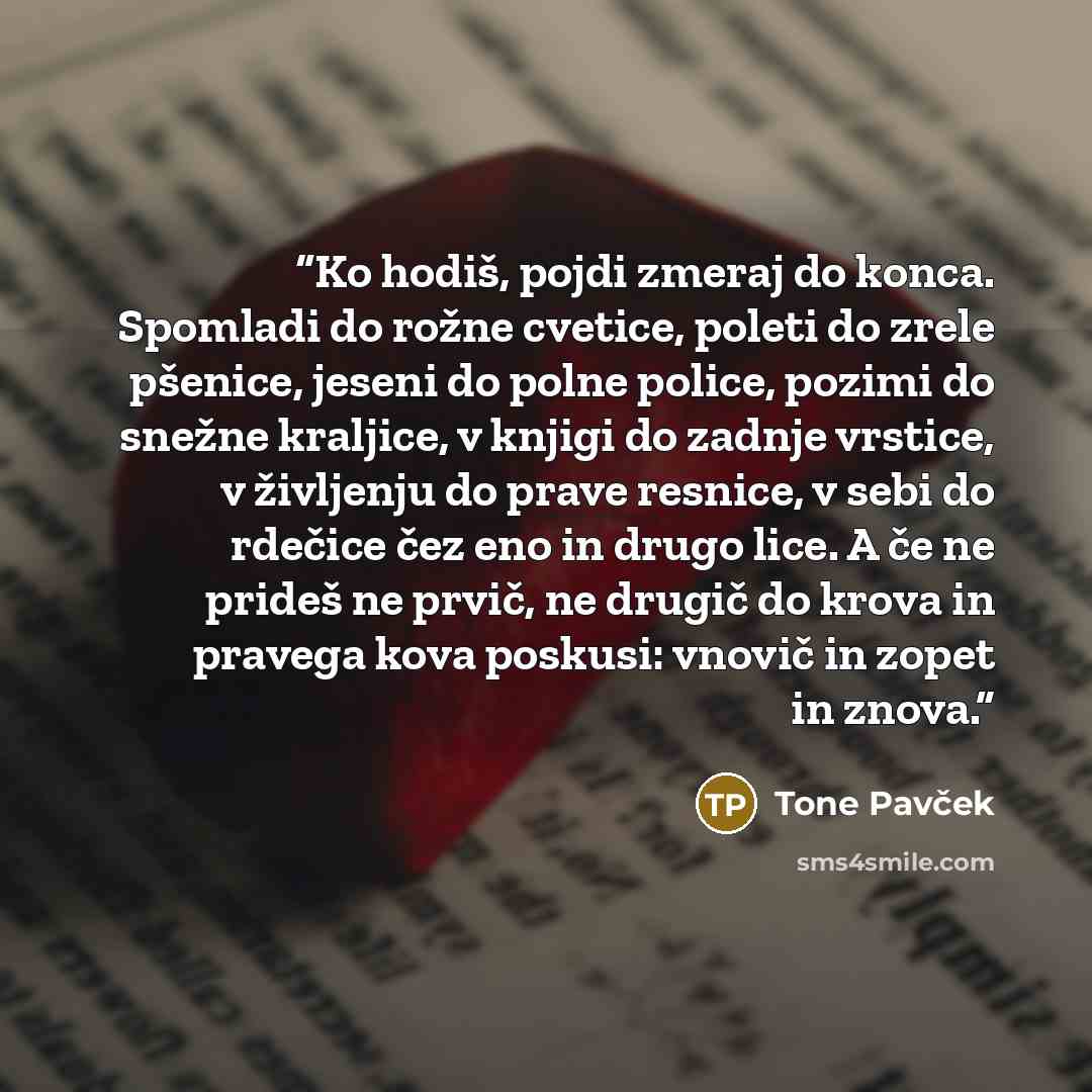 “Ko hodiš, pojdi zmeraj do konca. Spomladi do rožne cvetice, poleti do zrele pšenice, jeseni do polne police, pozimi do snežne kraljice, v knjigi do zadnje vrstice, v življenju do prave resnice, v sebi do rdečice čez eno in drugo lice. A če ne prideš ne prvič, ne drugič do krova in pravega kova…” quote by Tone Pavček