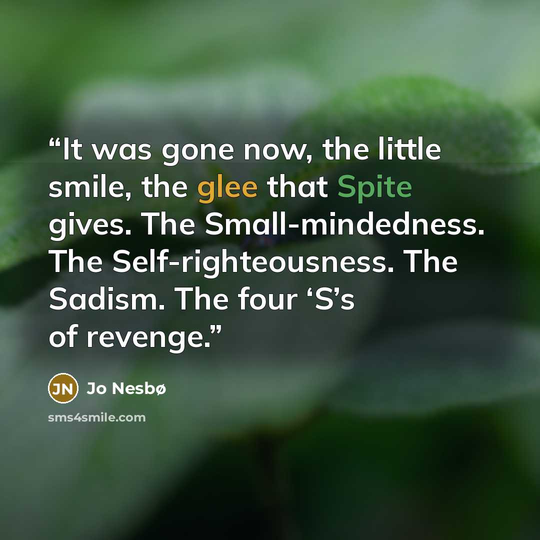 “It was gone now, the little smile, the glee that Spite gives. The Small-mindedness. The Self-righteousness. The Sadism. The four ‘S’s of revenge.” quote by Jo Nesbø