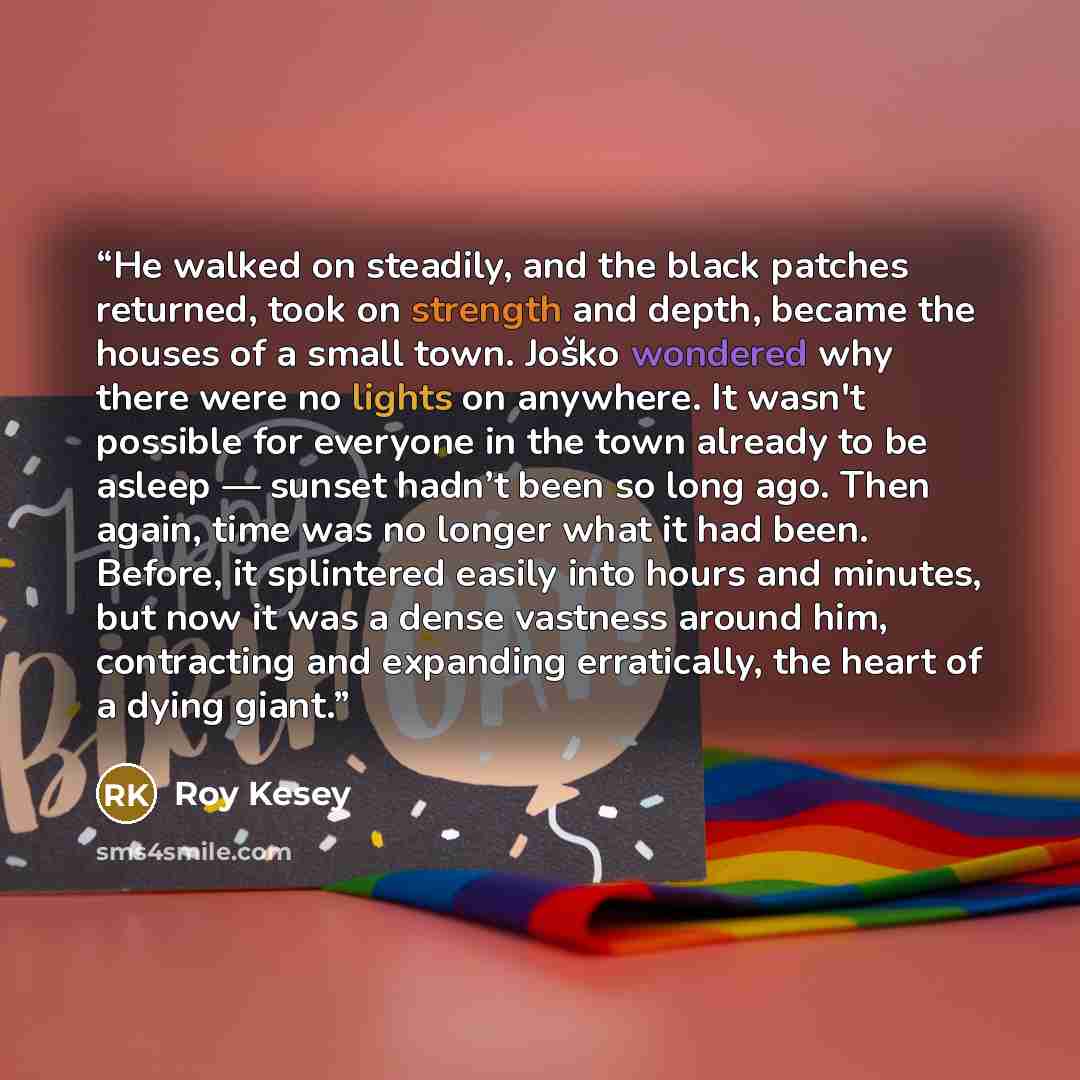 “He walked on steadily, and the black patches returned, took on strength and depth, became the houses of a small town. Joško wondered why there were no lights on anywhere. It wasn't possible for everyone in the town already to be asleep — sunset hadn’t been so long ago. Then again, time was no…” quote by Roy Kesey