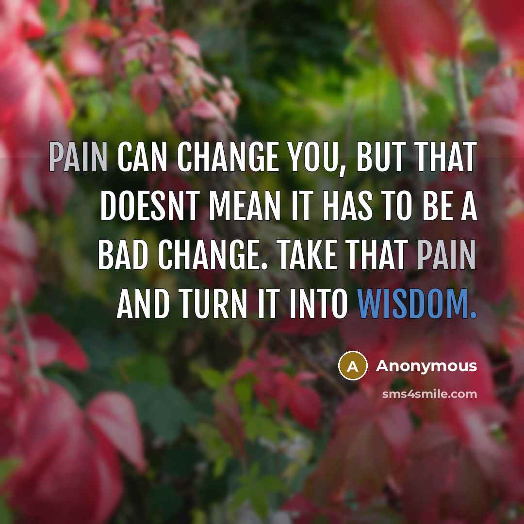 “Pain can change you, but that doesnt mean it has to be a bad change. Take that pain and turn it into wisdom.” quote by Anonymous