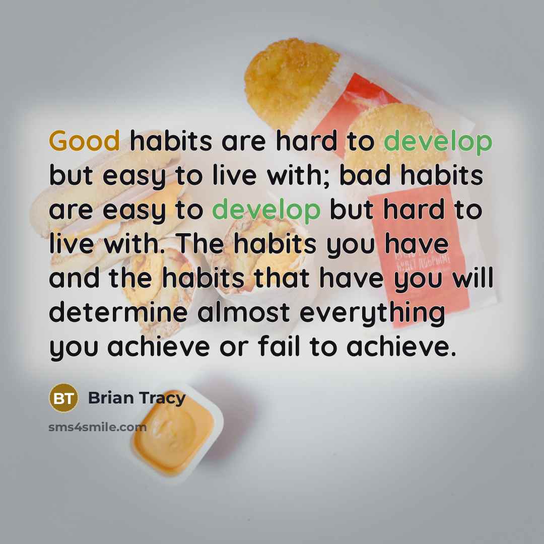 “Good habits are hard to develop but easy to live with; bad habits are easy to develop but hard to live with. The habits you have and the habits that have you will determine almost everything you achieve or fail to achieve.” quote by Brian Tracy