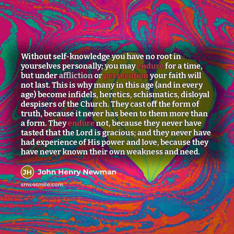 “Without self-knowledge you have no root in yourselves personally; you may endure for a time, but under affliction or persecution your faith will not last. This is why many in this age (and in every age) become infidels, heretics, schismatics, disloyal despisers of the Church. They cast off the…” quote by John Henry Newman