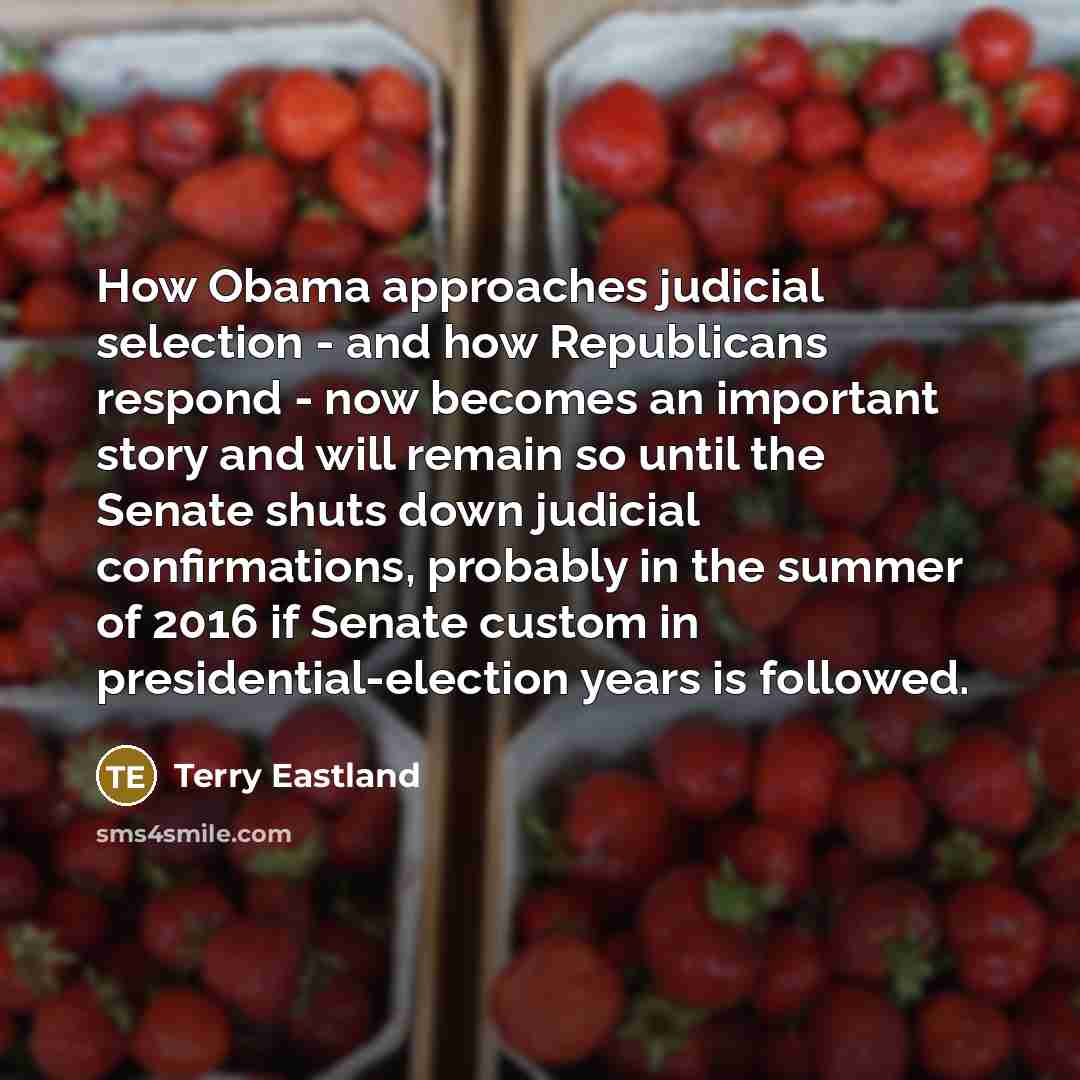 “How Obama approaches judicial selection - and how Republicans respond - now becomes an important story and will remain so until the Senate shuts down judicial confirmations, probably in the summer of 2016 if Senate custom in presidential-election years is followed.” quote by Terry Eastland