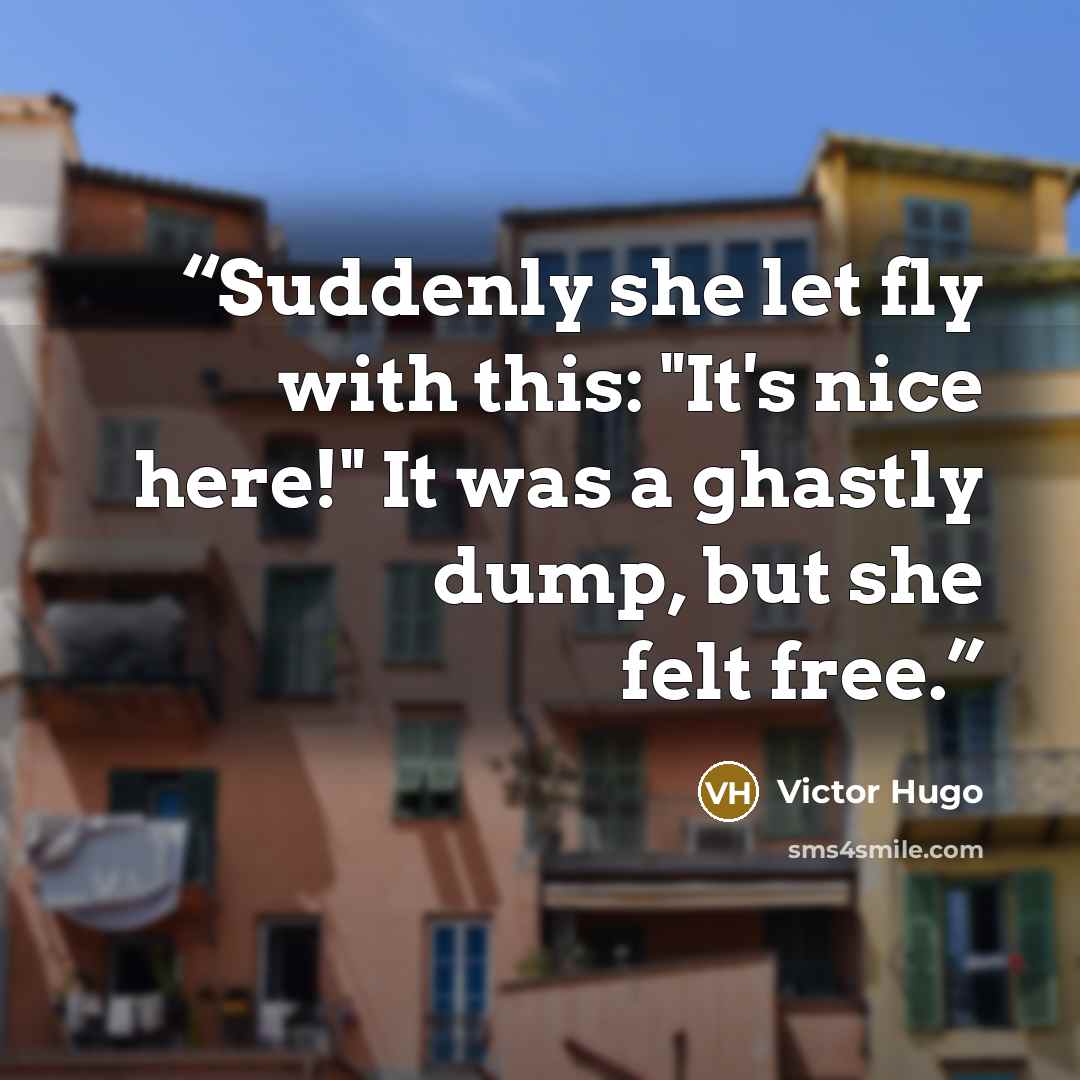 “Suddenly she let fly with this: "It's nice here!" It was a ghastly dump, but she felt free.” quote by Victor Hugo