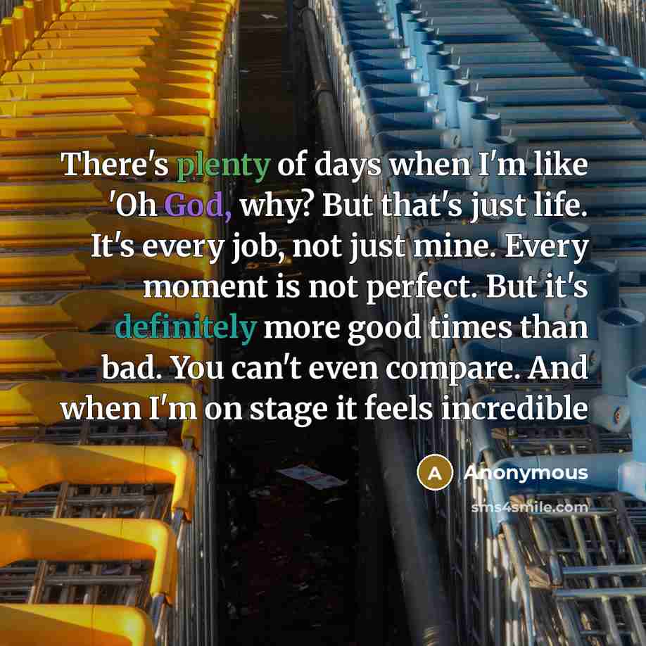 “There's plenty of days when I'm like 'Oh God, why? But that's just life. It's every job, not just mine. Every moment is not perfect. But it's definitely more good times than bad. You can't even compare. And when I'm on stage it feels incredible” quote by Anonymous