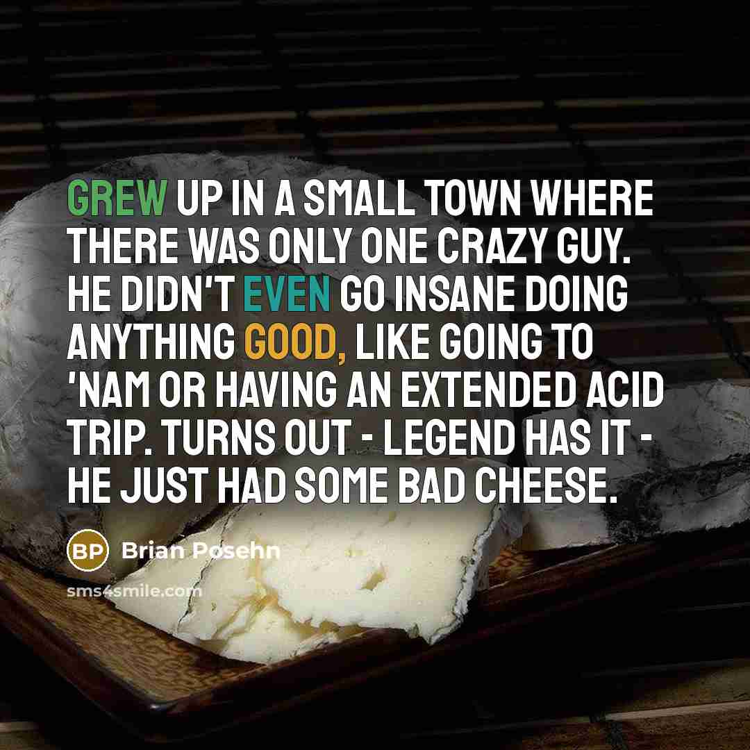 “Grew up in a small town where there was only one crazy guy. He didn't even go insane doing anything good, like going to 'Nam or having an extended acid trip. Turns out - legend has it - he just had some bad cheese.” quote by Brian Posehn