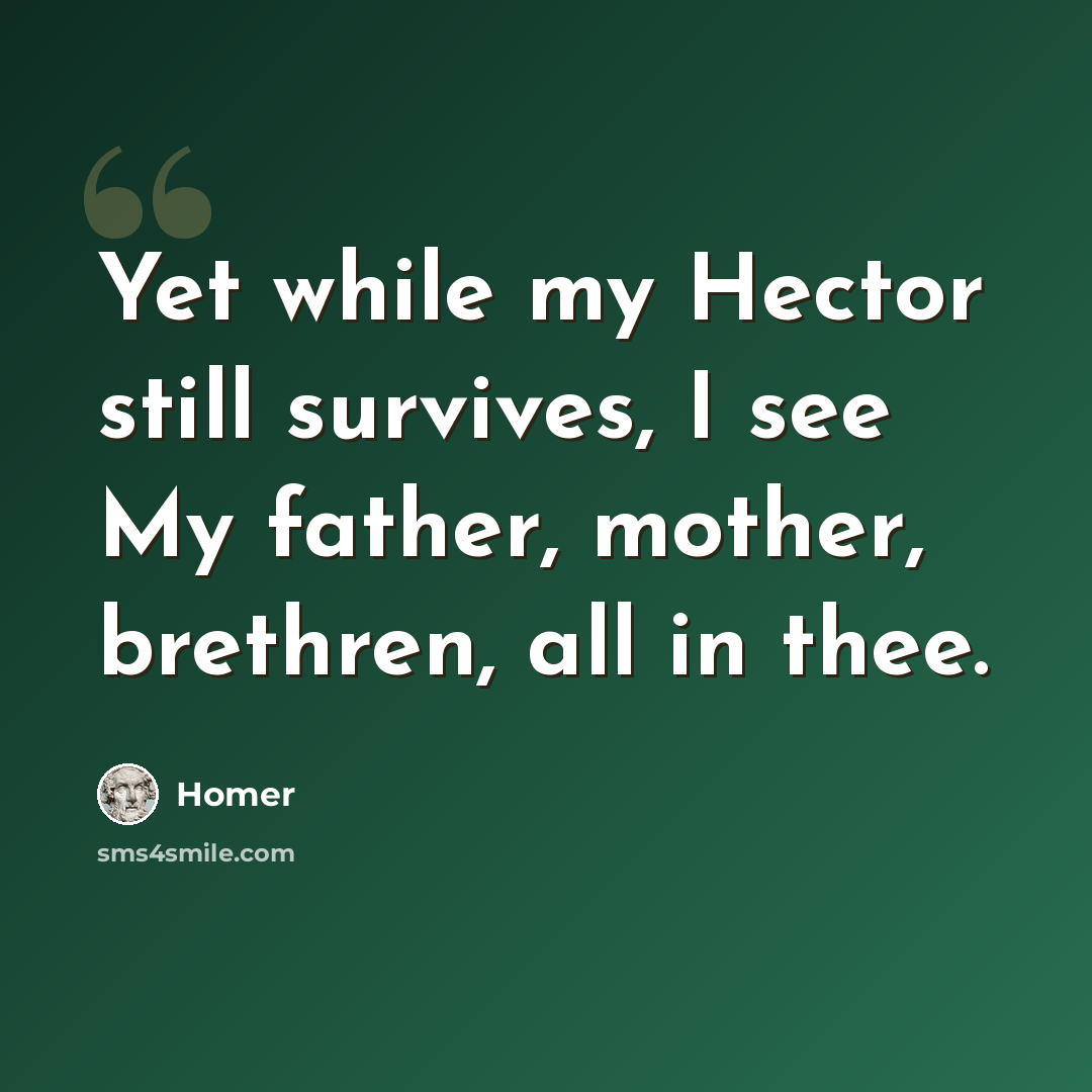 “Yet while my Hector still survives, I see My father, mother, brethren, all in thee.” quote by Homer