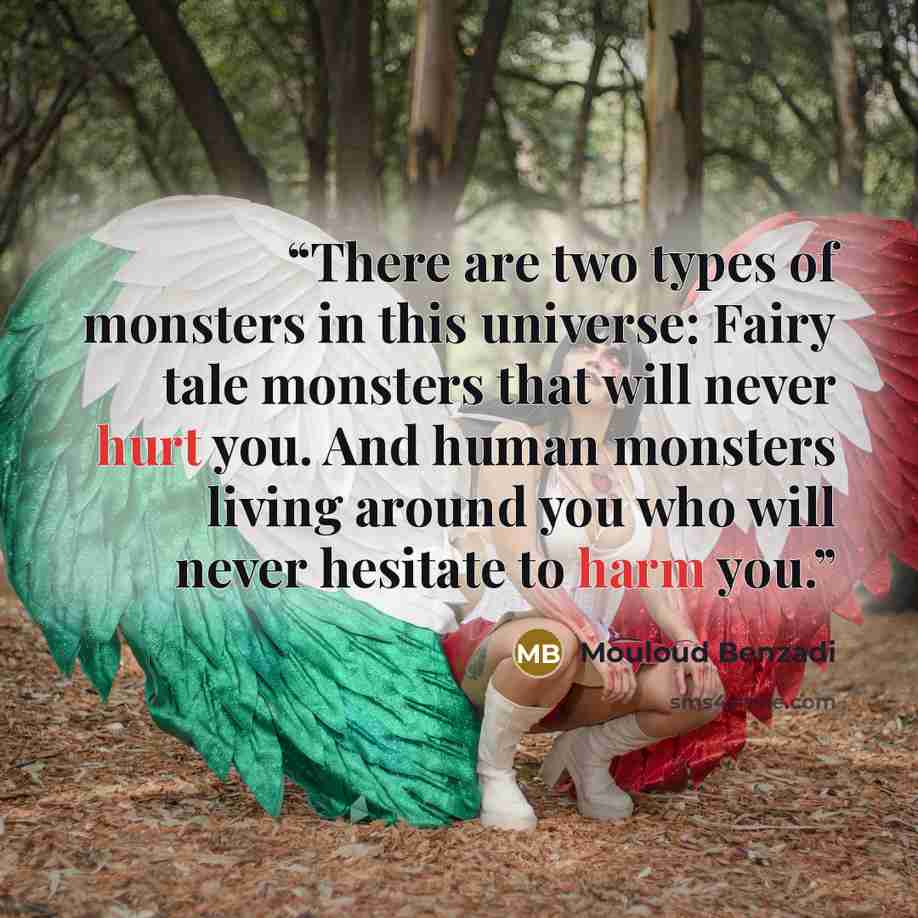“There are two types of monsters in this universe: Fairy tale monsters that will never hurt you. And human monsters living around you who will never hesitate to harm you.” quote by Mouloud Benzadi