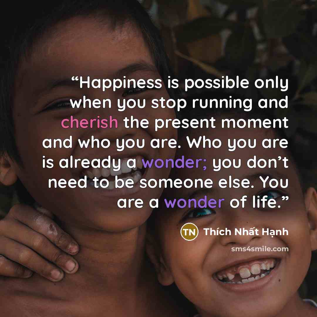 “Happiness is possible only when you stop running and cherish the present moment and who you are. Who you are is already a wonder; you don’t need to be someone else. You are a wonder of life.” quote by Thich Nhat Hanh
