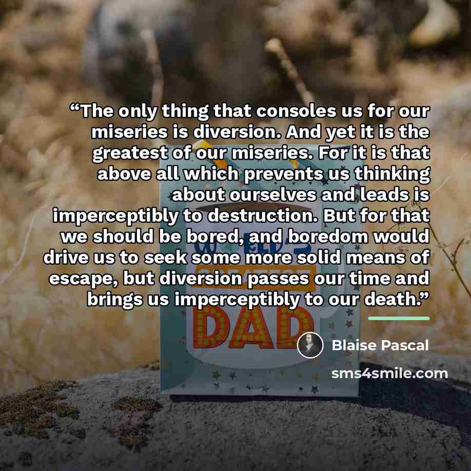 “The only thing that consoles us for our miseries is diversion. And yet it is the greatest of our miseries. For it is that above all which prevents us thinking about ourselves and leads is imperceptibly to destruction. But for that we should be bored, and boredom would drive us to seek some more…” quote by Blaise Pascal