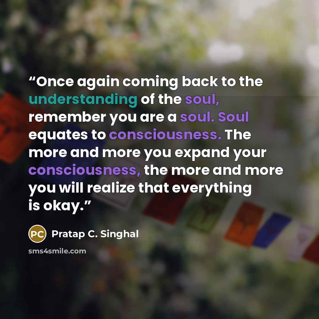 “Once again coming back to the understanding of the soul, remember you are a soul. Soul equates to consciousness. The more and more you expand your consciousness, the more and more you will realize that everything is okay.” quote by Pratap C. Singhal