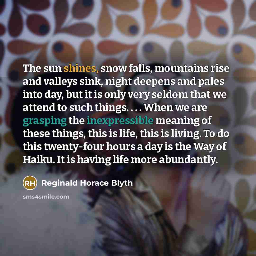 “The sun shines, snow falls, mountains rise and valleys sink, night deepens and pales into day, but it is only very seldom that we attend to such things. . . . When we are grasping the inexpressible meaning of these things, this is life, this is living. To do this twenty-four hours a day is the Way…” quote by Reginald Horace Blyth