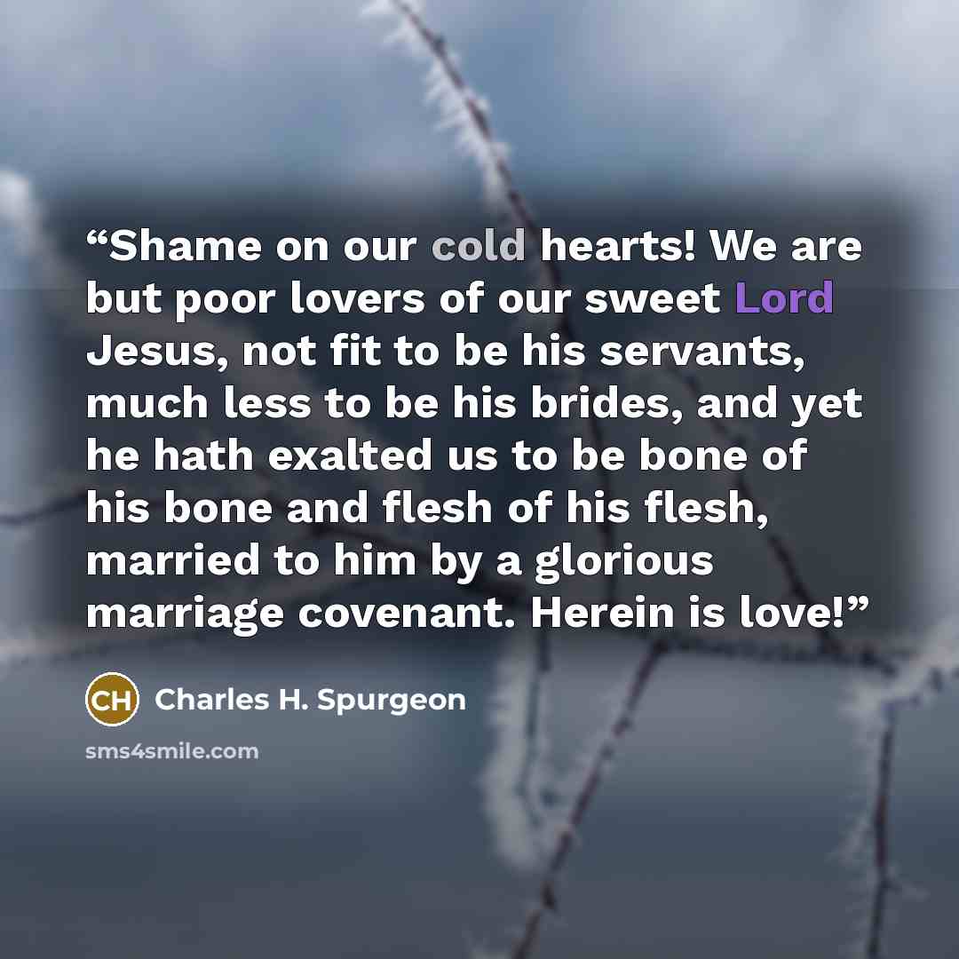 “Shame on our cold hearts! We are but poor lovers of our sweet Lord Jesus, not fit to be his servants, much less to be his brides, and yet he hath exalted us to be bone of his bone and flesh of his flesh, married to him by a glorious marriage covenant. Herein is love!” quote by Charles H. Spurgeon