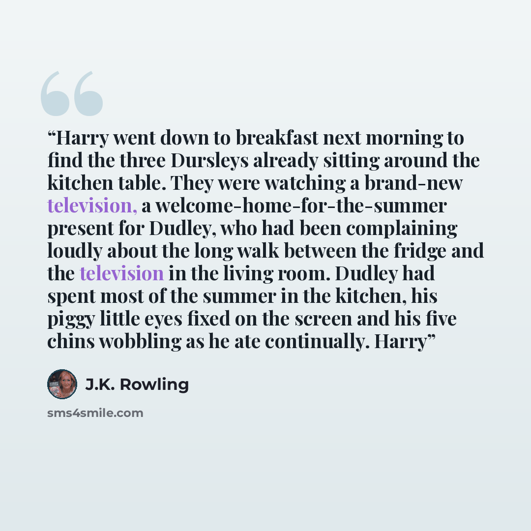 “Harry went down to breakfast next morning to find the three Dursleys already sitting around the kitchen table. They were watching a brand-new television, a welcome-home-for-the-summer present for Dudley, who had been complaining loudly about the long walk between the fridge and the television in…” quote by J.K. Rowling