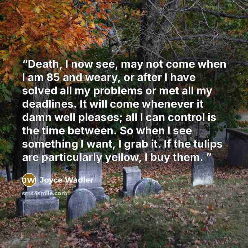 “Death, I now see, may not come when I am 85 and weary, or after I have solved all my problems or met all my deadlines. It will come whenever it damn well pleases; all I can control is the time between. So when I see something I want, I grab it. If the tulips are particularly yellow, I buy them.” quote by Joyce Wadler