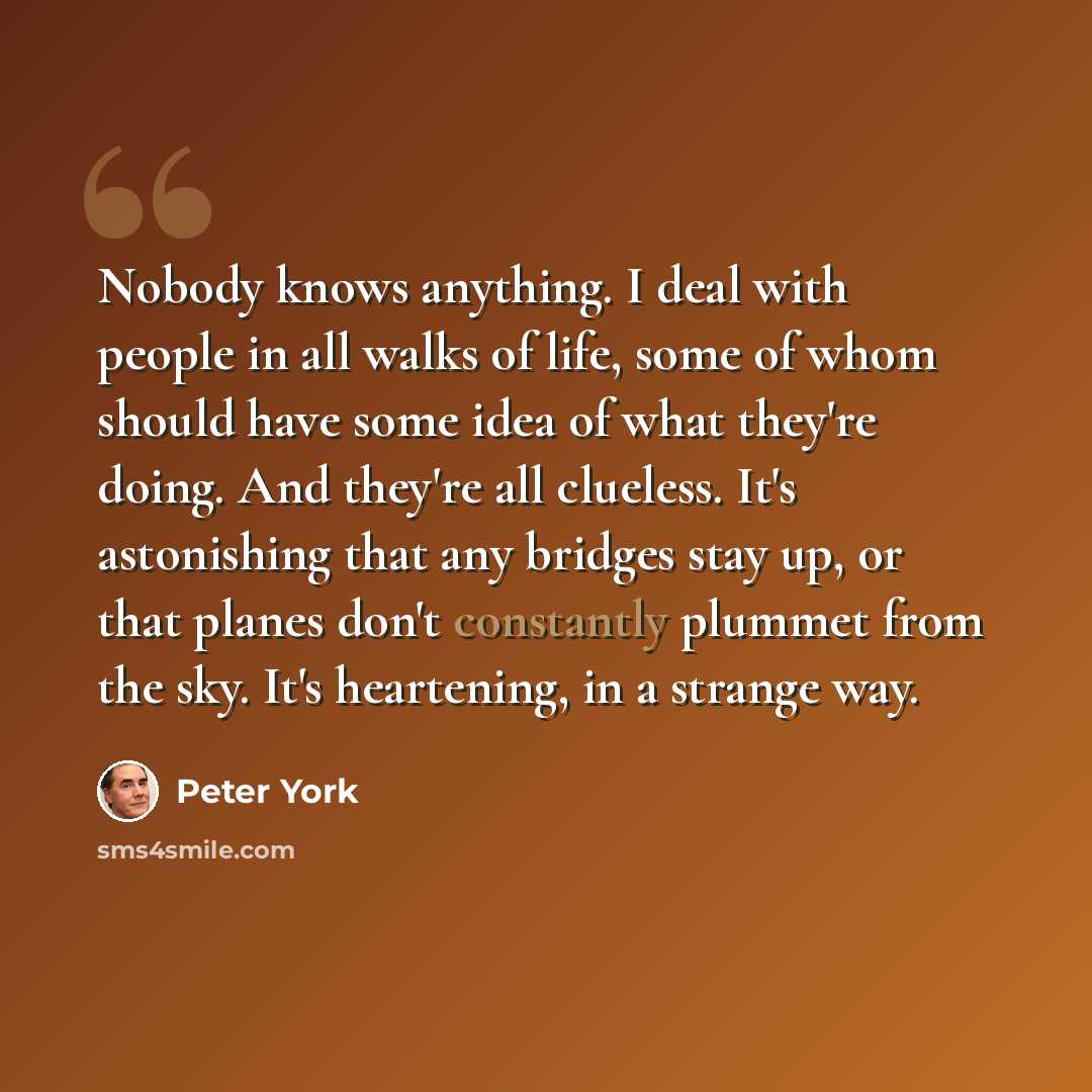 “Nobody knows anything. I deal with people in all walks of life, some of whom should have some idea of what they're doing. And they're all clueless. It's astonishing that any bridges stay up, or that planes don't constantly plummet from the sky. It's heartening, in a strange way.” quote by Peter York