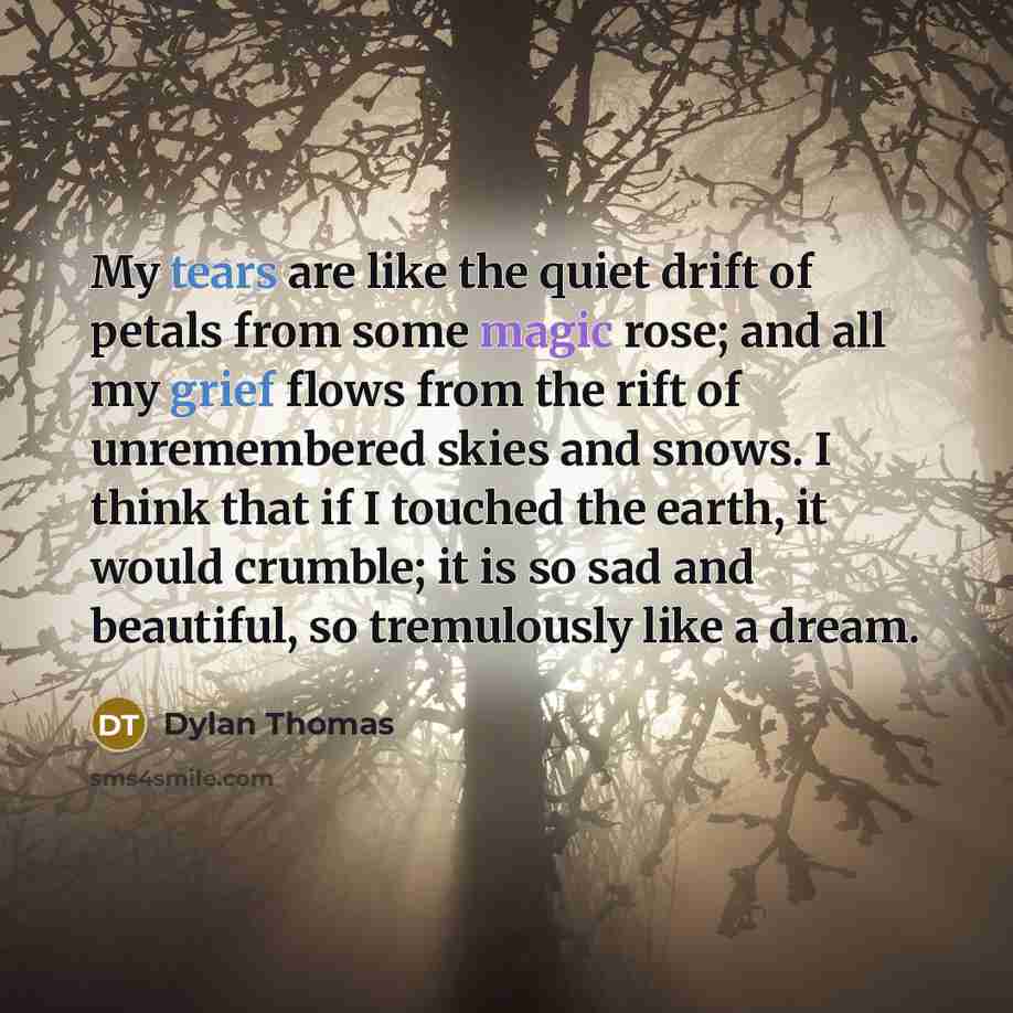“My tears are like the quiet drift of petals from some magic rose; and all my grief flows from the rift of unremembered skies and snows. I think that if I touched the earth, it would crumble; it is so sad and beautiful, so tremulously like a dream.” quote by Dylan Thomas