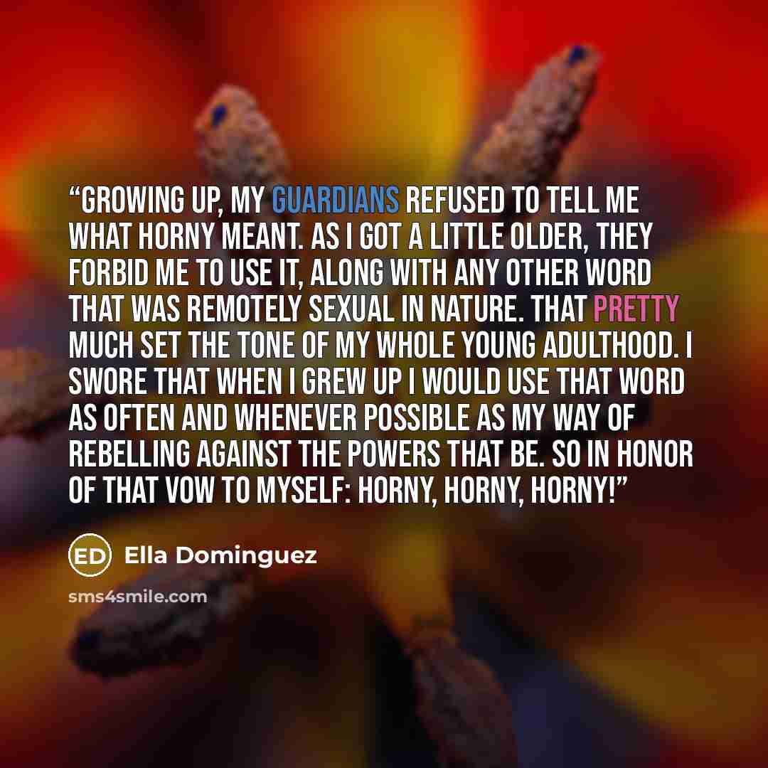 “Growing up, my guardians refused to tell me what horny meant. As I got a little older, they forbid me to use it, along with any other word that was remotely sexual in nature. That pretty much set the tone of my whole young adulthood. I swore that when I grew up I would use that word as often and…” quote by Ella Dominguez