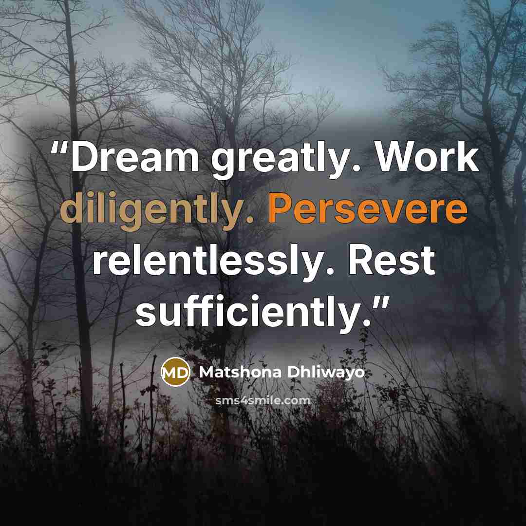 “Dream greatly. Work diligently. Persevere relentlessly. Rest sufficiently.” quote by Matshona Dhliwayo