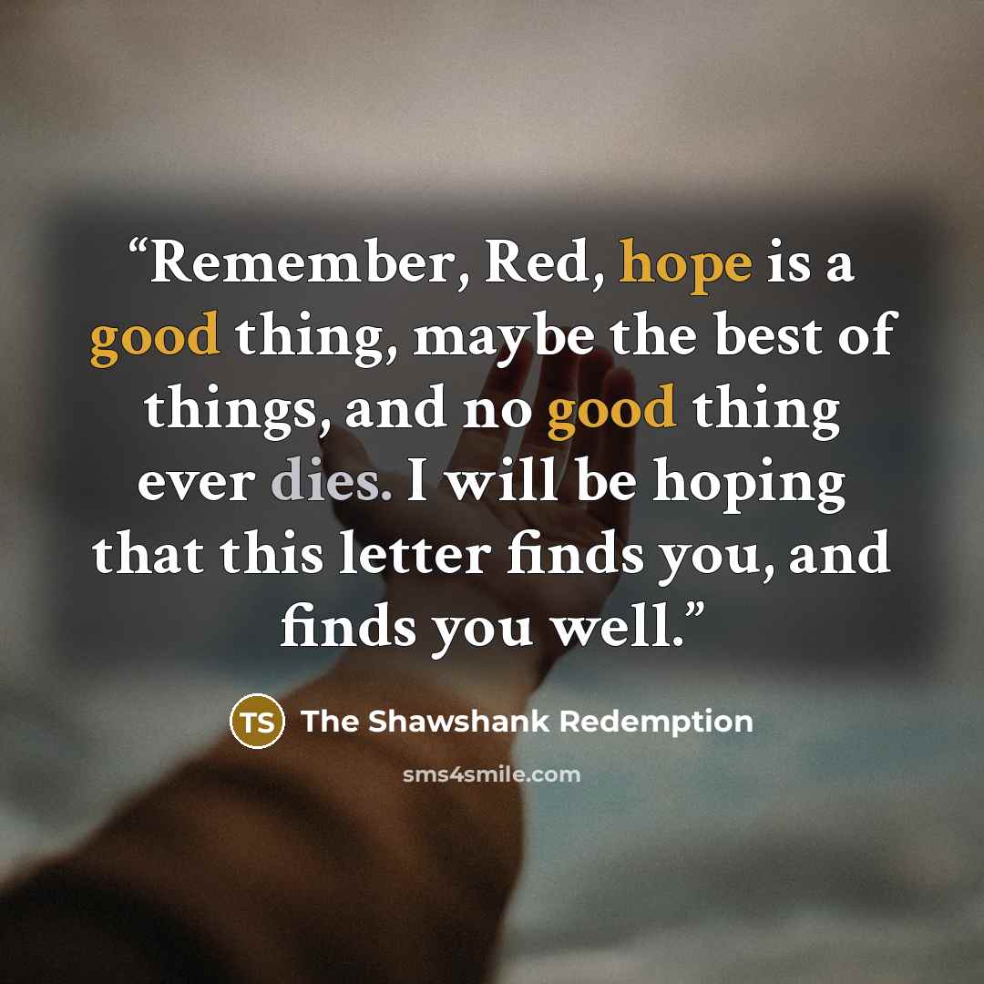 “Remember, Red, hope is a good thing, maybe the best of things, and no good thing ever dies. I will be hoping that this letter finds you, and finds you well.” quote by The Shawshank Redemption