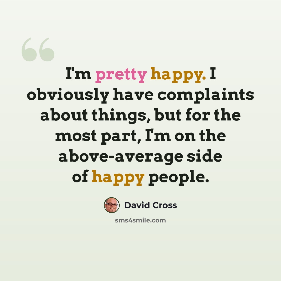 “I'm pretty happy. I obviously have complaints about things, but for the most part, I'm on the above-average side of happy people.” quote by David Cross