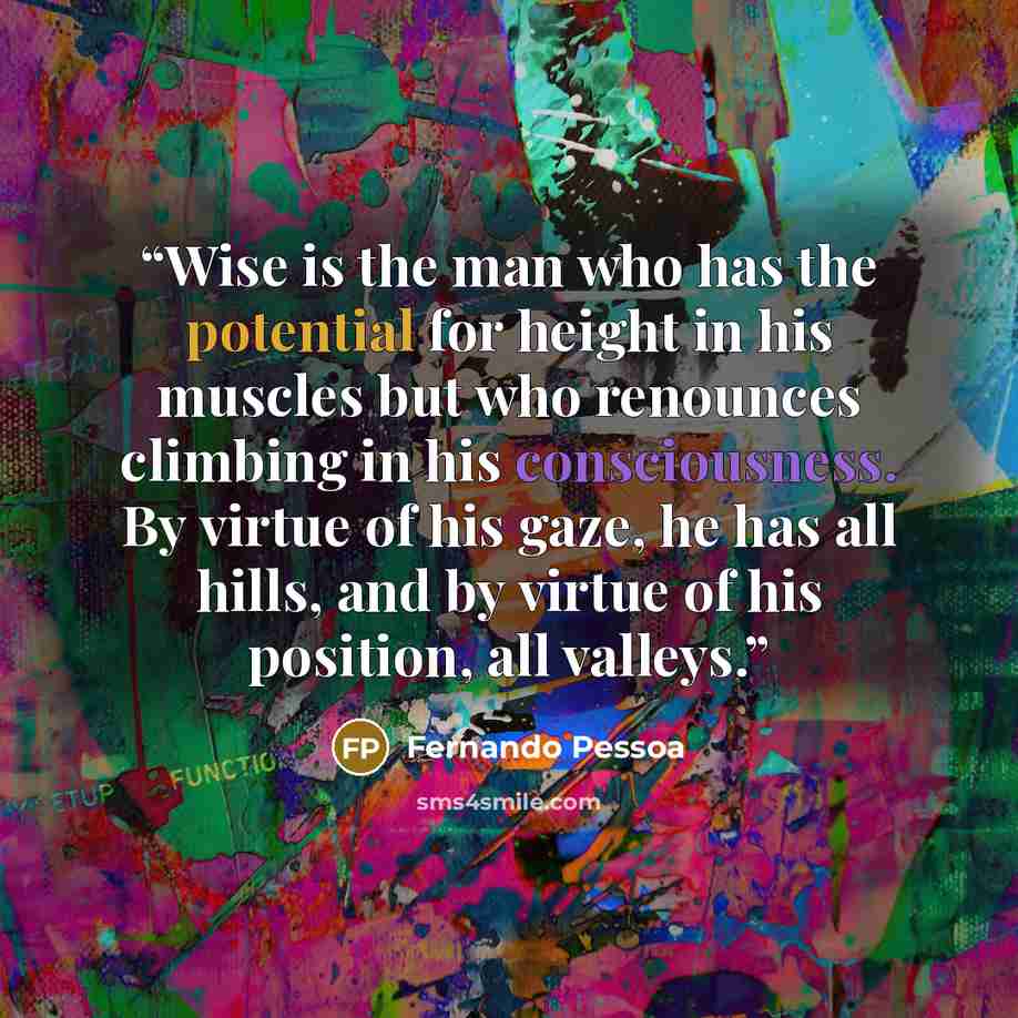 “Wise is the man who has the potential for height in his muscles but who renounces climbing in his consciousness. By virtue of his gaze, he has all hills, and by virtue of his position, all valleys.” quote by Fernando Pessoa